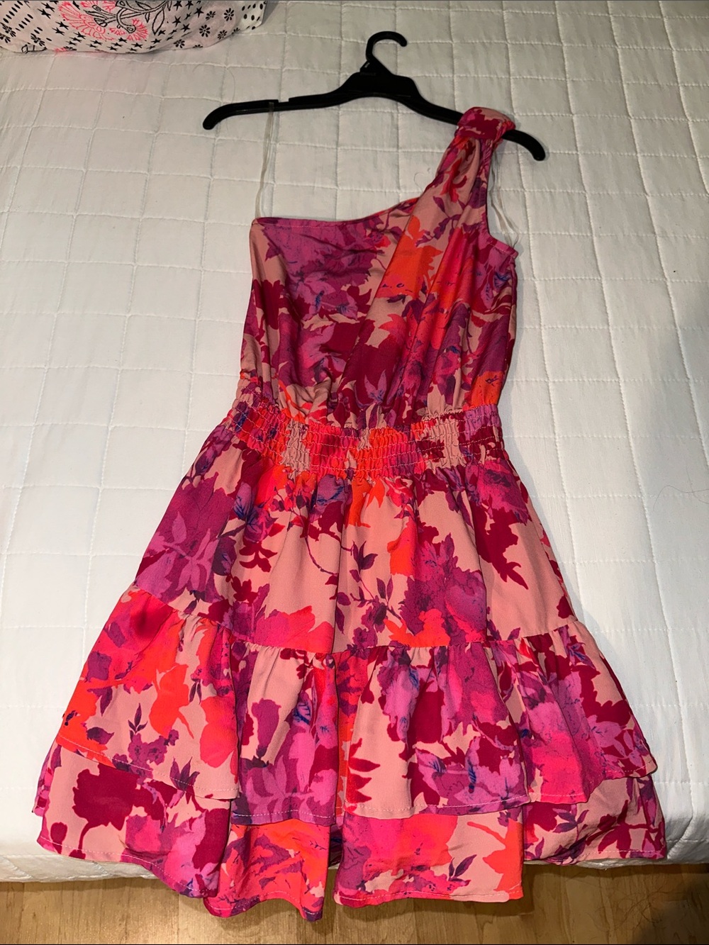 entro One-Shoulder Floral Dress in Pink and Orange